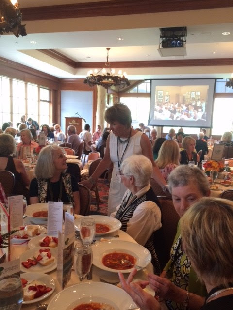 An overview of the luncheon crowd. Joanne Wetherell, our new WRWF President, converses with some of the members.